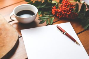 blank, paper, pen, coffee, work, working, coffee cup, desk, wooden table, page, note, blank page, blank paper, white, cup, workspace, workplace